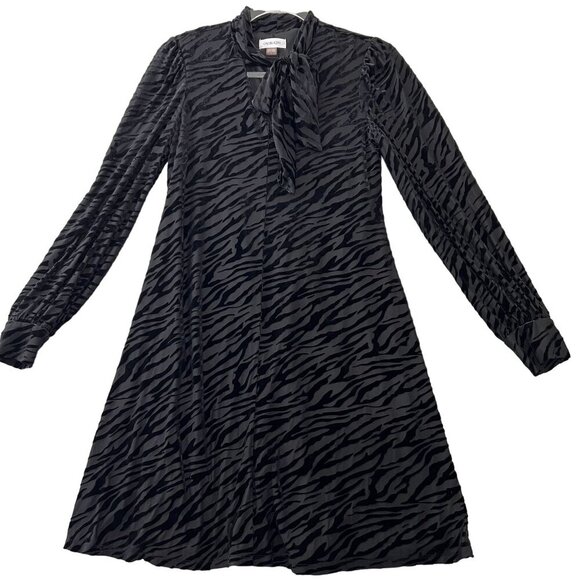 Calvin Klein Womens 4 Black Velvet Burn Out Zebra Print Long Sleeve Retro Dress - Picture 2 of 16